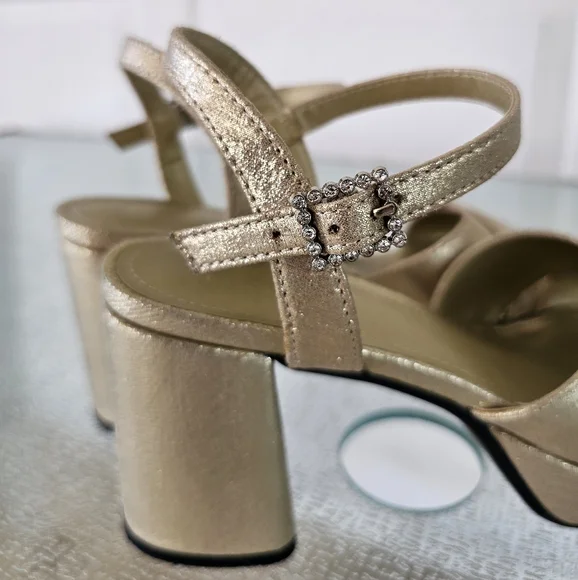 Kenneth Cole Reaction 7.5 Gold Block Heel Sandals Platform Strappy Party Glam - Picture 5 of 8